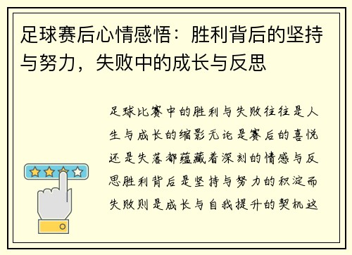足球赛后心情感悟：胜利背后的坚持与努力，失败中的成长与反思
