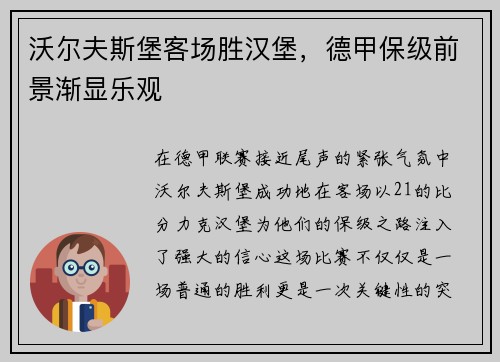 沃尔夫斯堡客场胜汉堡，德甲保级前景渐显乐观