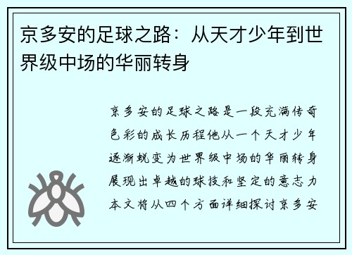 京多安的足球之路：从天才少年到世界级中场的华丽转身