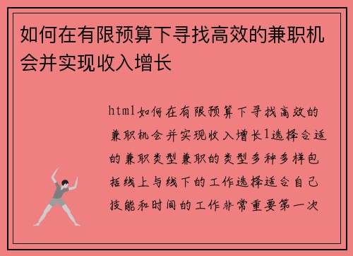 如何在有限预算下寻找高效的兼职机会并实现收入增长